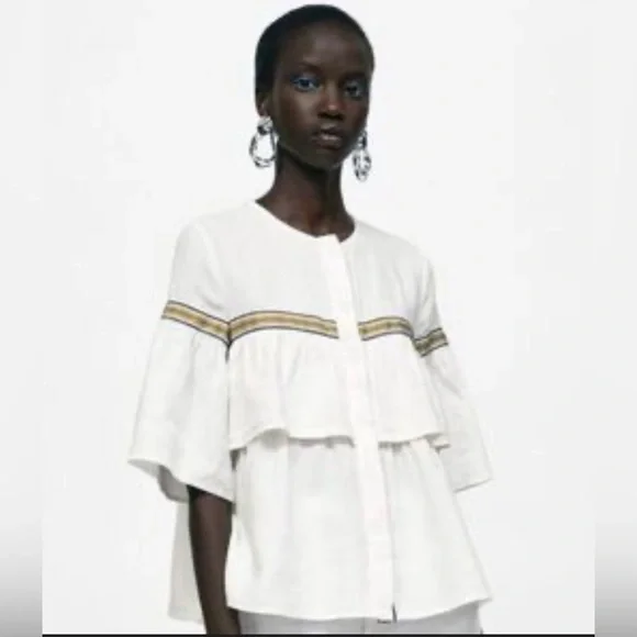 Zara Linen Blend Ruffle Blouse - Picture 1 of 9
